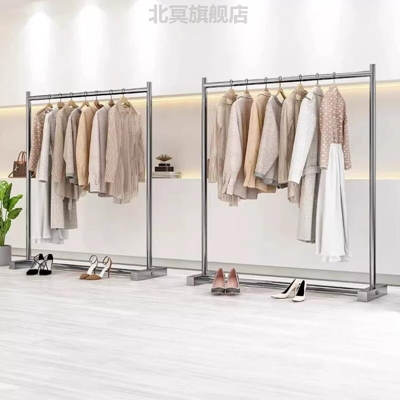 服装店落地式不锈钢拉丝挂衣架女装店中岛货架展示架简约陈列道具