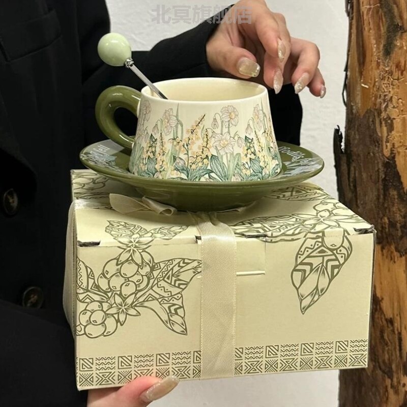 咖啡杯子高档精致复古油画风铃花陶瓷咖啡杯碟套装高颜值女生下午