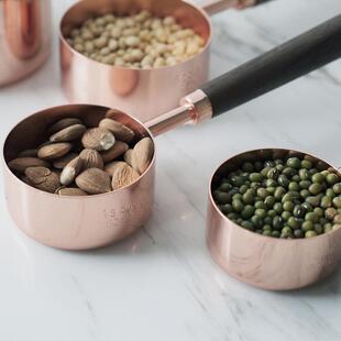 不锈钢玫瑰金量杯量勺4件套装测量匙原木手柄量杯带刻度烘焙家用