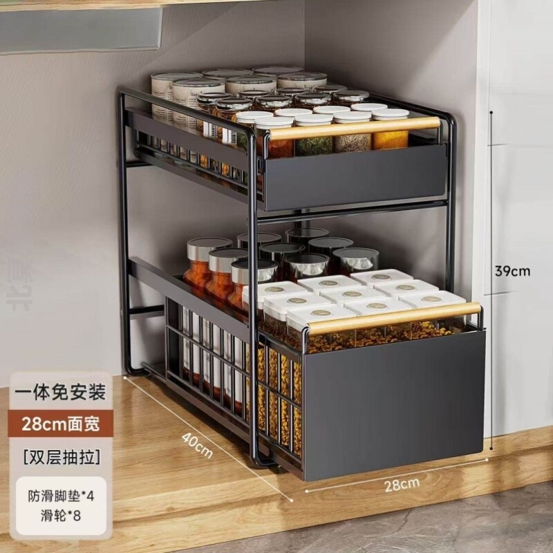抽屉柜内厨房分层置物架免安装抽拉多层一体式拉篮下水槽置物架
