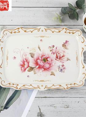 欧式矩形托盘三聚氰胺浮雕端盘家居客厅水杯茶杯茶盘零食水果盘餐