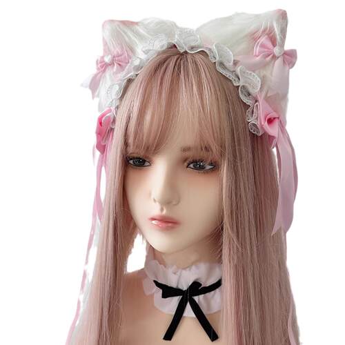 双马尾猫娘lolita头饰发带发饰公主萝莉蝴蝶结发箍粉白甜美百搭jk