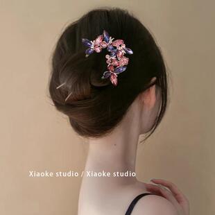 新中式水晶流苏发簪高级感蝴蝶盘发簪子气质古风汉服旗袍配饰头饰