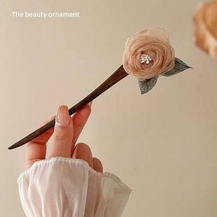 小清新网纱玫瑰花朵发簪女古风简约女汉服头饰复古乾枯花朵木簪子