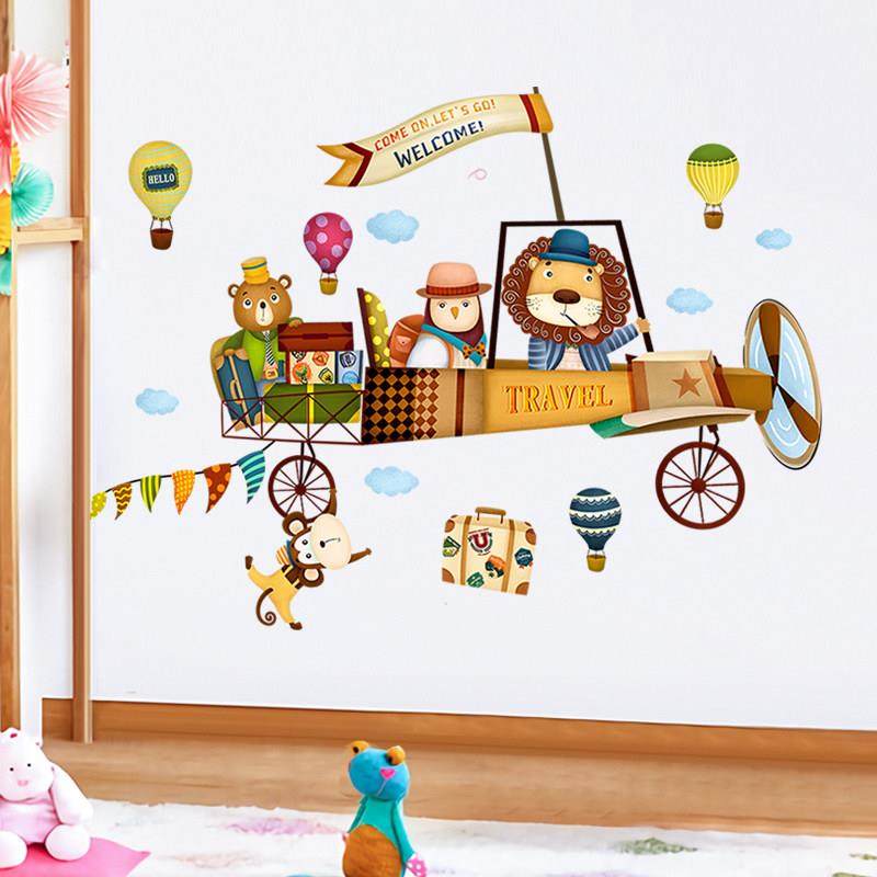 卡通儿童房装饰飞机壁纸自粘壁纸卧室温馨墙面墙上贴纸壁贴画