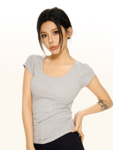 ZAVK2025春夏新品圆领短袖T恤打底衫纯色修身短款紧身大领口上衣