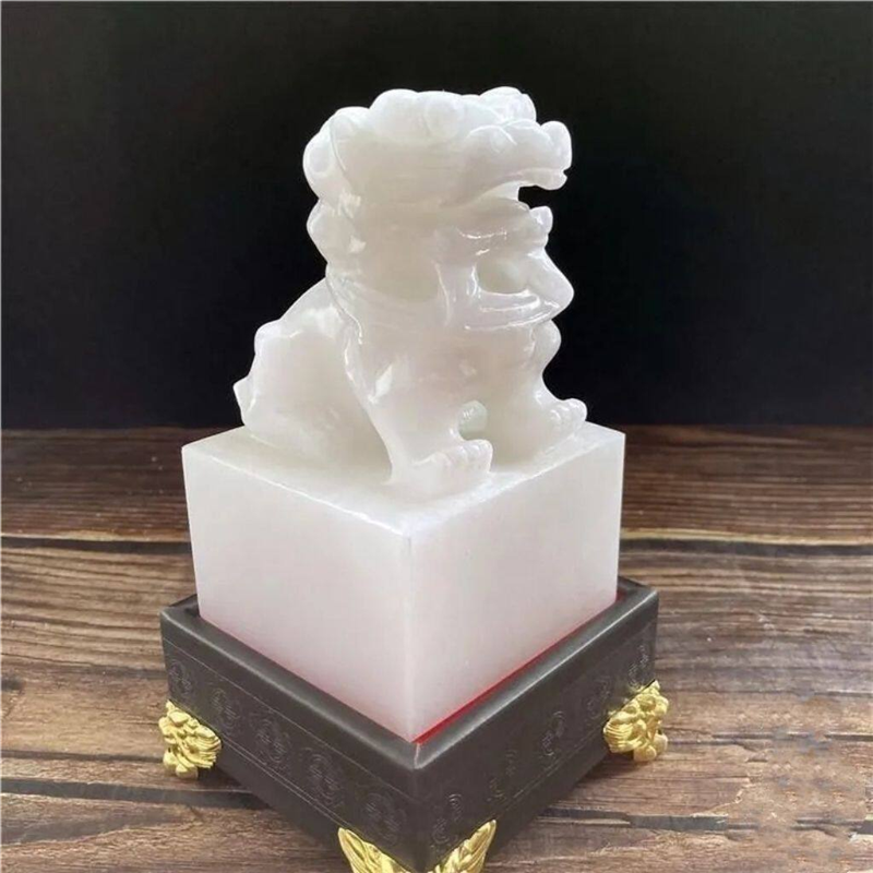 天然汗玉白玉狮子印章摆件篆刻玉玺方形刻字闲章招财开业商务礼品