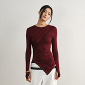 春夏女装 Unawares.薄透天丝绵羊毛不对称褶皱开叉长袖 上衣