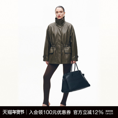 Unawares. 高端90白鹅绒复古机车感保暖松紧腰皮革羽绒外套