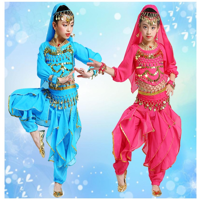 儿童新疆舞蹈表演服时尚少女天竺短袖袖女童舞台肚皮少儿印度敦煌