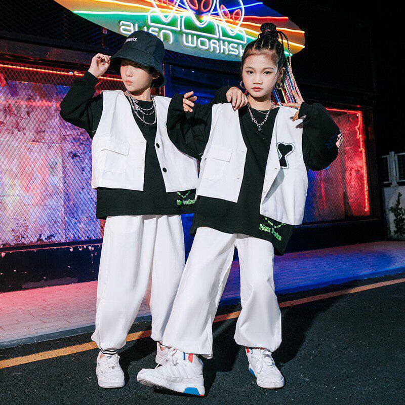 嘻哈街舞儿童春季演出服男童hiphop童装女童马甲套装嘻哈风男孩