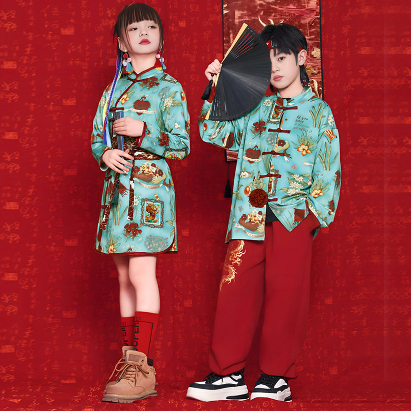 儿童演出服中国风女童汉服旗袍男童中式唐装舞台走秀儿童表演服装