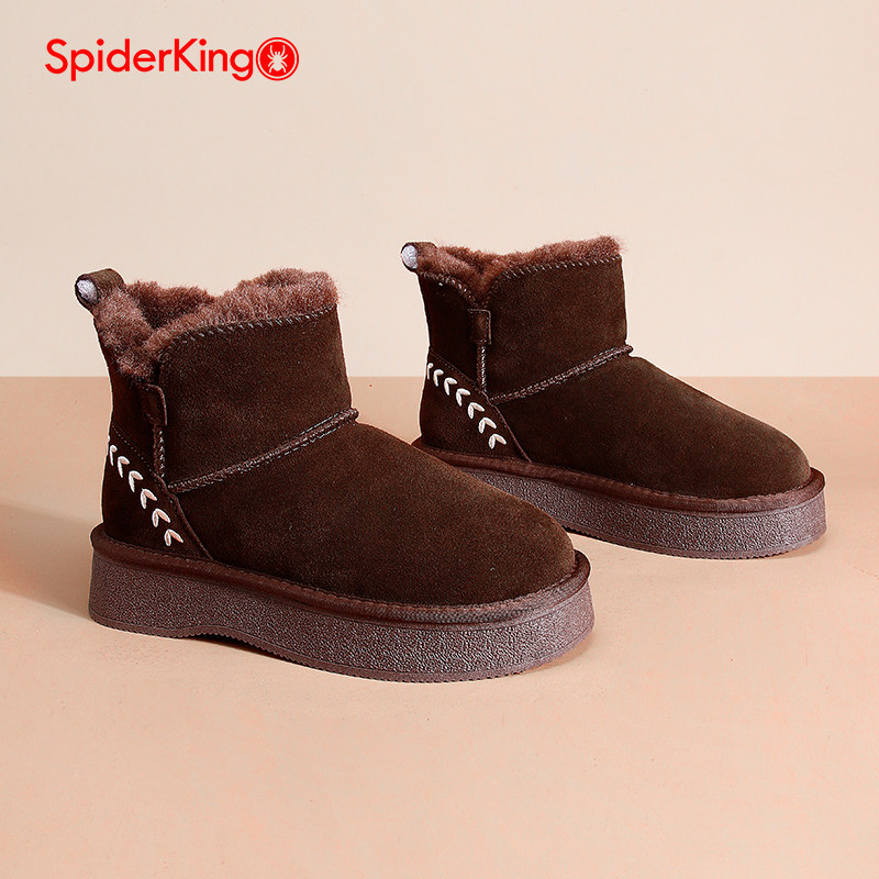 蜘蛛王真皮厚底雪地靴女士冬季加绒保暖短靴牛筋底防滑耐磨马丁靴