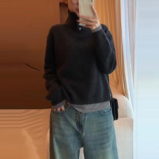 ROUMIKL爆款法式黑色短款套头休闲毛衣女秋冬季加厚慵懒风针织衫