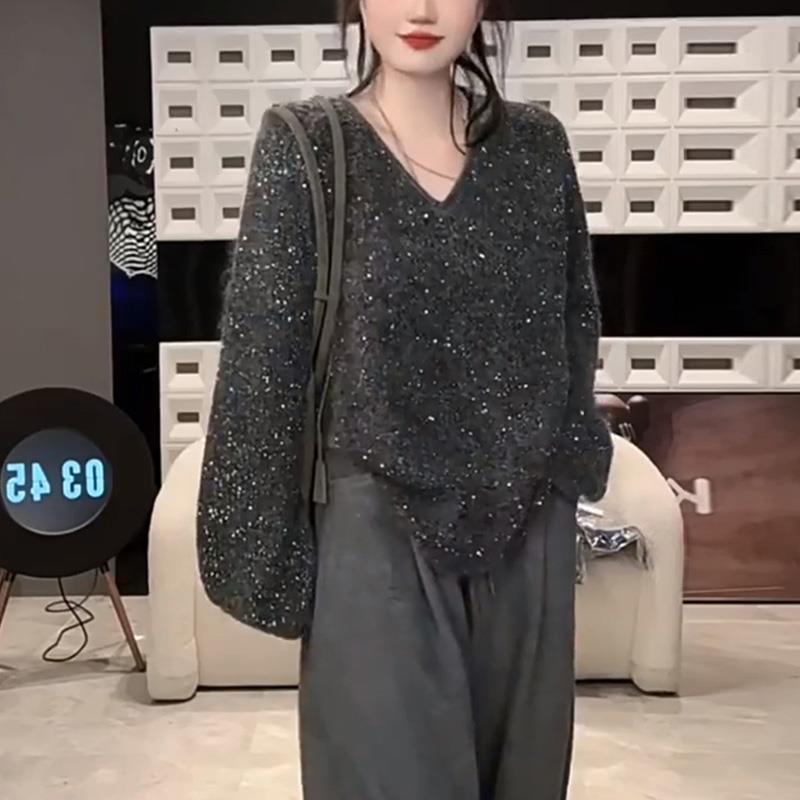 ROUMIKL高级感v领重工细闪亮片针织衫女2025年新款洋气时髦百搭宽