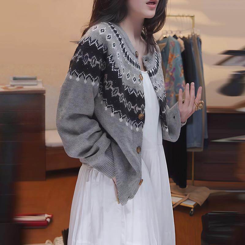 ROUMIKL灰色费尔岛针织开衫女早秋季韩系氛围感穿搭宽松慵懒毛衣