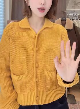 ROUMIKL新款冬季覆古针织开衫毛衣外套女设计感小众翻领法式黄色