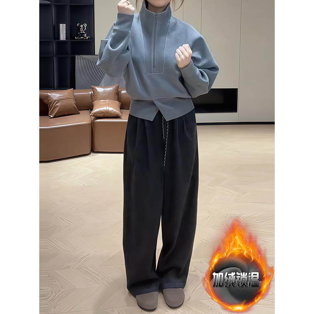 ROUMIKL时尚套装女2025秋季新款设计感半拉炼卫衣高腰休闲阔腿裤