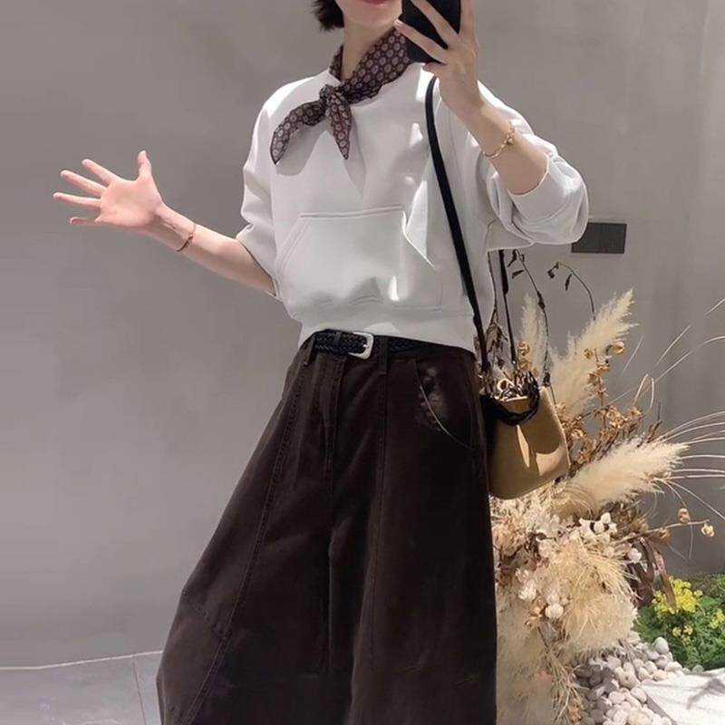 ROUMIKL韩系设计感慵懒风小众圆领短款卫衣女装秋季宽松时尚百搭