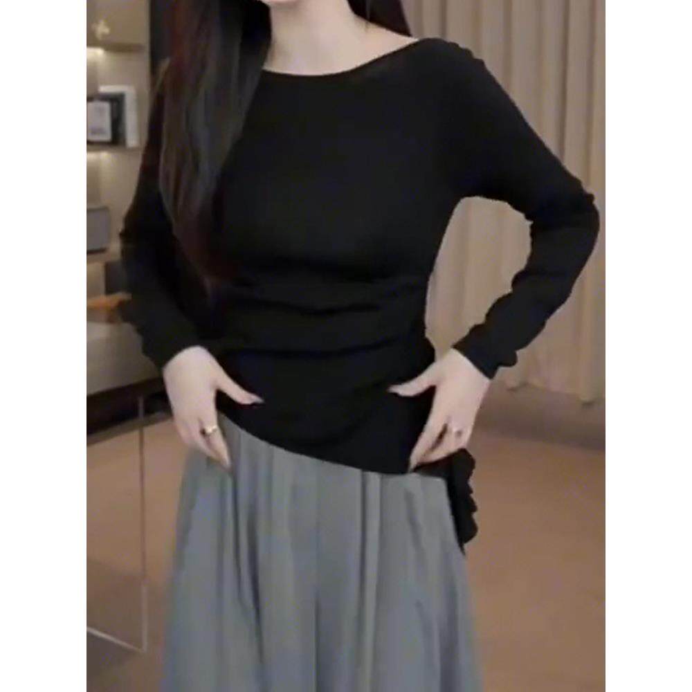 ROUMIKL一字领荷叶边开叉长袖打底T恤衫女2025秋季新款气质修身显