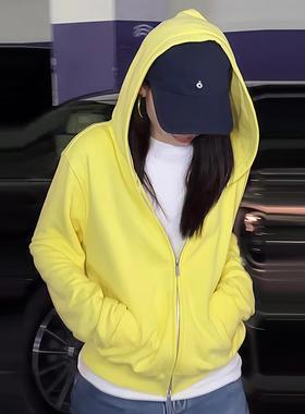 ROUMIKL黄色短款卫衣外套女士韩系穿搭秋季新款爆款薄款小个子连