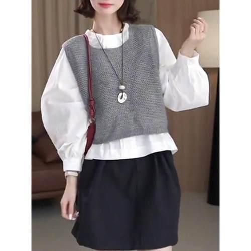 ROUMIKL韩系早秋穿搭一整套女针织背心马甲长袖衬衫2025秋季上衣