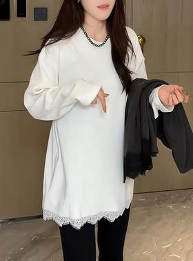 ROUMIKL女装百搭长款白色时尚打底蕾丝拼接长袖t恤秋冬新款百搭宽