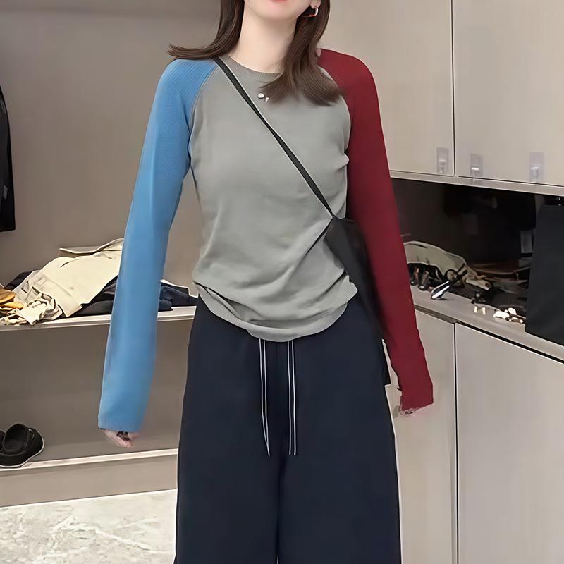 ROUMIKL韩系洋气三色拼接撞色长袖t恤女今年流行爆款秋季chic上衣