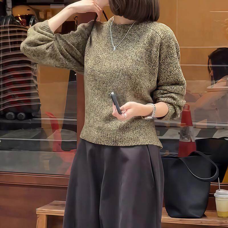 ROUMIKL绿色女士法式复古宽松圆领毛衣秋冬设计保暖针织长袖打底