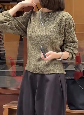 ROUMIKL绿色女士法式复古宽松圆领毛衣秋冬设计保暖针织长袖打底