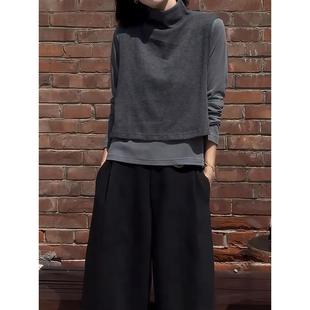 ROUMIKL套装灰色长袖T恤叠穿马甲女秋季新款爆款韩系穿搭内搭打底