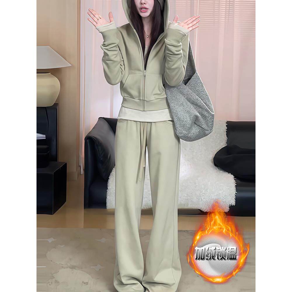 ROUMIKL休闲运动套装女冬季新款时尚百搭显瘦高级感短款卫衣阔腿