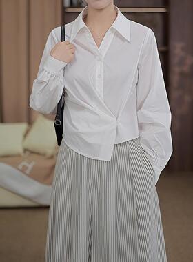 ROUMIKL2025秋季新款洋气减龄收腰白色长袖衬衫女士显瘦设计感不