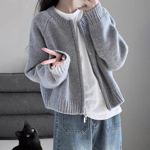 RIERA灰色开衫拉链毛衣女秋冬2023新款爆款慵懒复古上衣针织衫外
