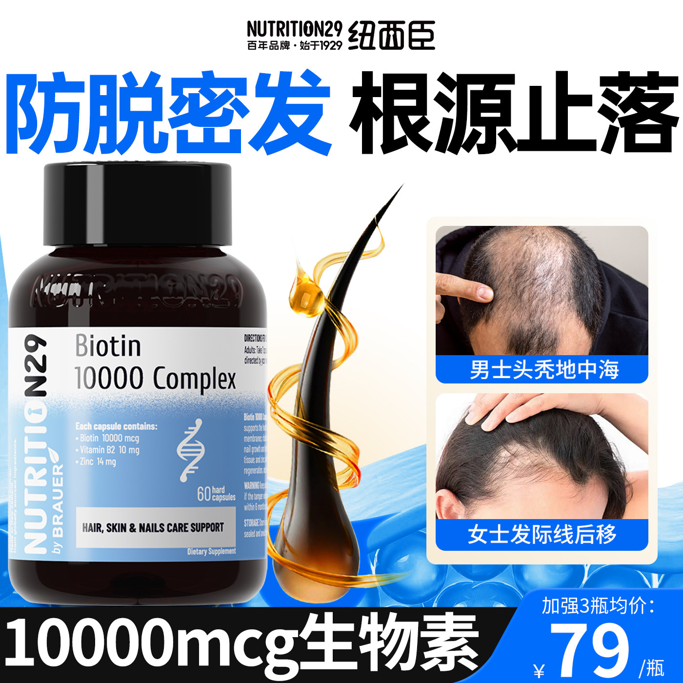 N29纽西臣生物素防脱发掉发锯棕榈维生素b族生发软胶囊官方进口