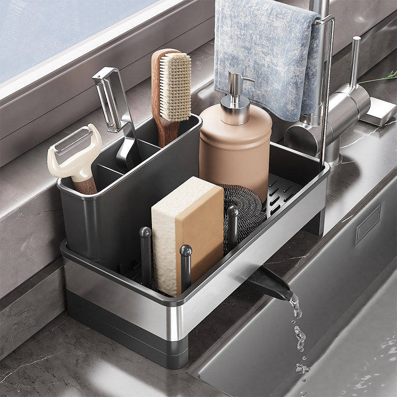 不锈钢厨房抹布沥水架置物篮家用台面海绵洗碗布水槽池窄边收纳架