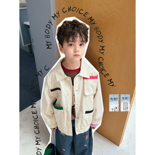 虾酱麻麻男童外套春秋装2026新款中大童纯棉夹克口袋儿童洋气上衣