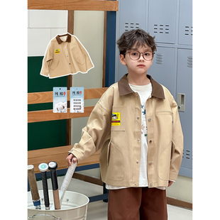 虾酱麻麻男童纯棉外套春秋装2026新款男孩撞色翻领儿童装卡通上衣