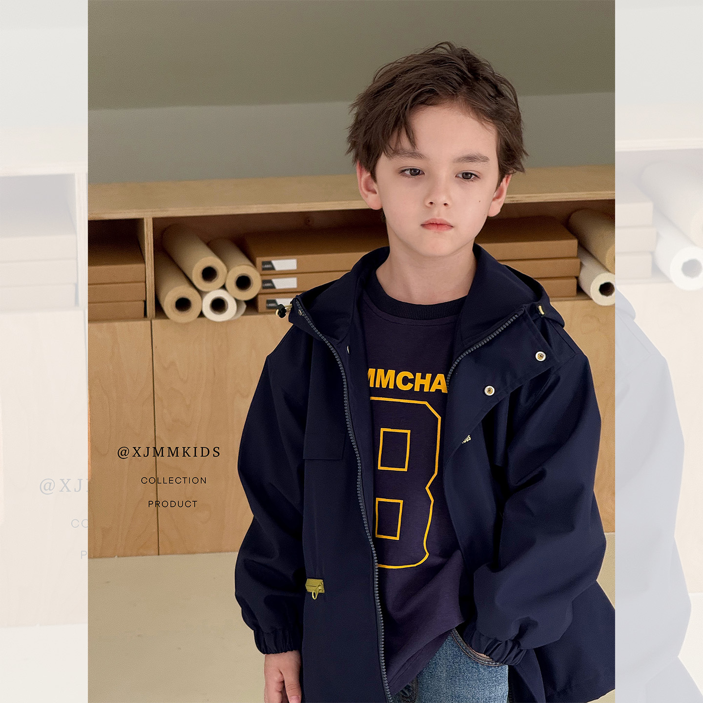 虾酱麻麻藏青色连帽拉链外套