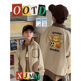 虾酱麻麻男童外套春秋季2026新款男孩卡通撞色翻领儿童装洋气上衣