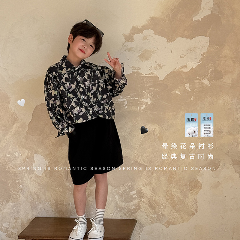 虾酱麻麻男童花衬衫长袖春秋款2025新款男孩痞帅纯棉儿童衬衣春装