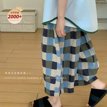 虾酱麻麻男童棉麻格子裤子夏季2025新款中大童八分薄款儿童阔腿裤