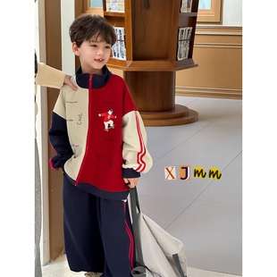 虾酱麻麻男童套装春秋季2026新款男孩洋气撞色卡通上衣儿童装裤子