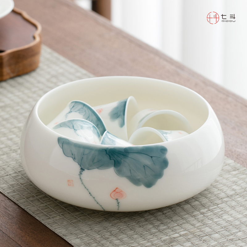 手绘羊脂玉瓷茶洗大号水孟茶盏钵