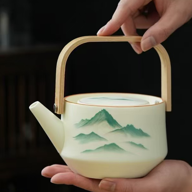 汝窑新中式山水画陶瓷茶壶