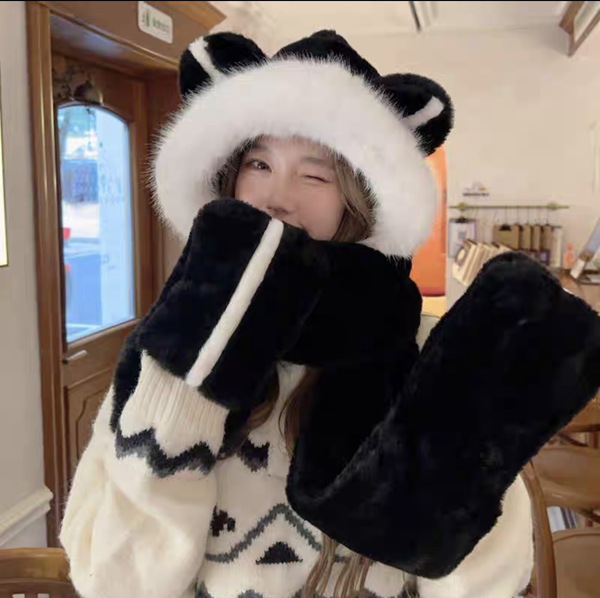 小熊帽子冬天可爱围巾手套一体冬季围脖连帽女口罩保暖秋冬三件套