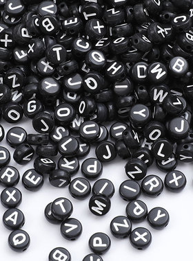 4x7mm扁圆形字母珠滴油亚克力珠子黑底白英文字母串珠手工diy材料