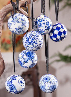 6厘米青花球吊坠陶瓷小将军罐圣诞树装饰陶瓷装饰挂件花瓶小物件