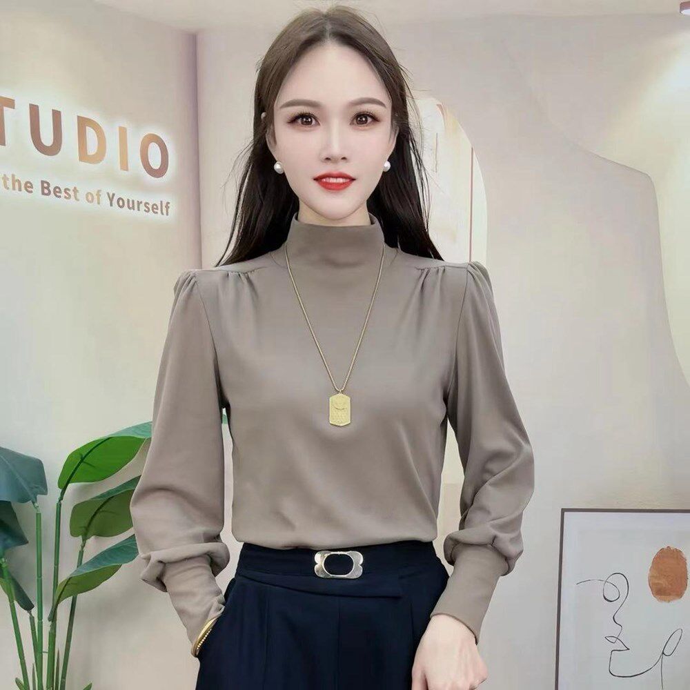 纯色洋气泡泡袖女士打底衫春秋气质百搭半高领上衣减龄显瘦妈妈装