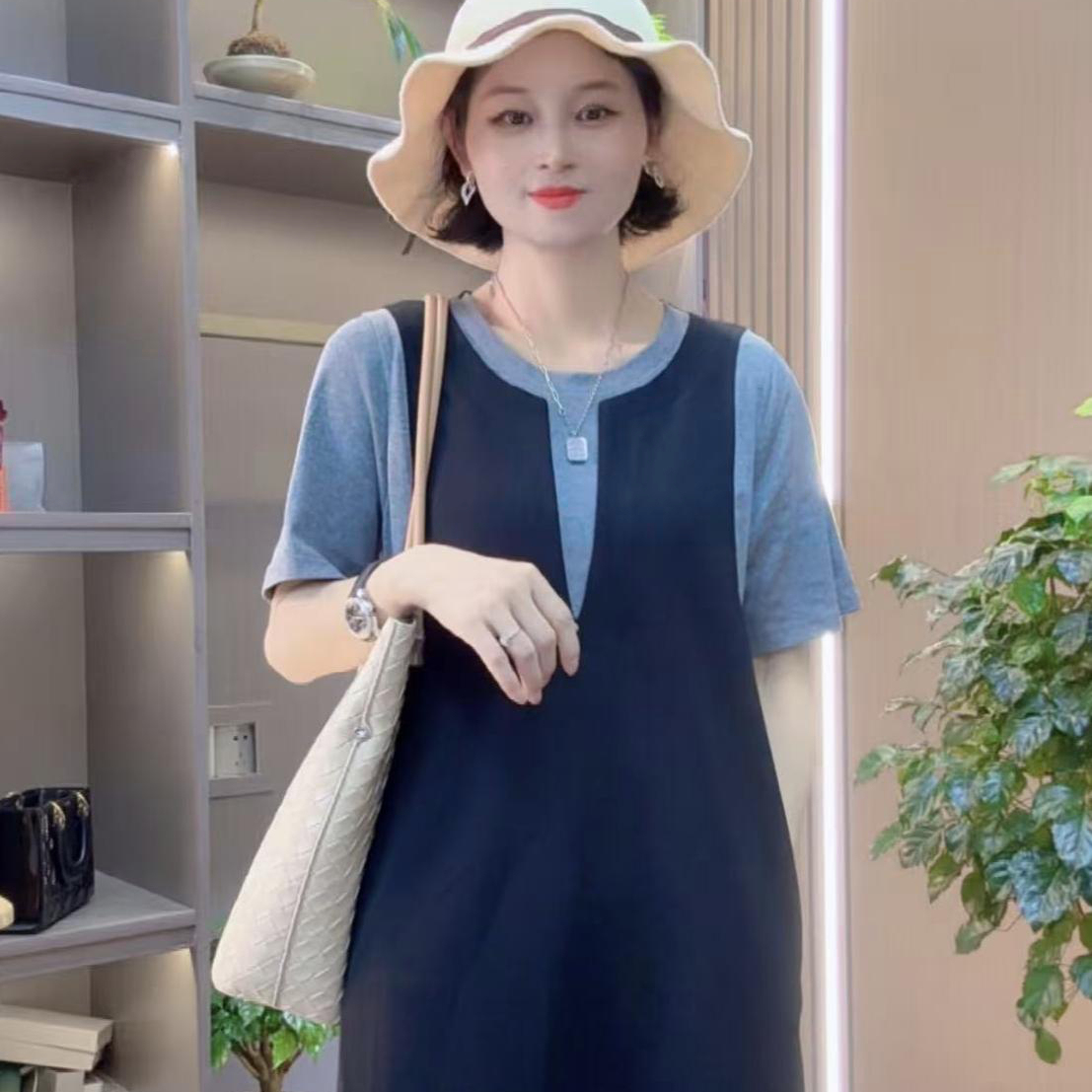夏新款微胖圆领女装时尚高级气质连衣裙显瘦拼色短袖假两件裙子潮